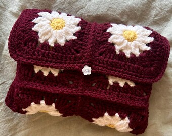 Maroon + White Daisy Flower Soft Crochet Granny Square Book Cover Sleeve