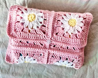 Crochet Granny Square Book Sleeve: Light Pink Daisy, 100% Cotton