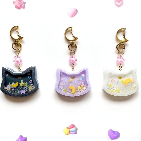 Moon Cats Cute Epoxy Resin Shaker Charm Keychains