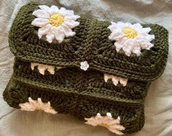 Forest Green + White Daisy Flower Soft Crochet Granny Square Book Cover Sleeve