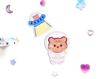 Holographic Space Bear Astronaut UFO Stickers