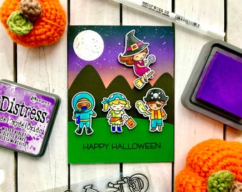 Witch Flying + Kids Trick-or-Treating Halloween Greeting Cards