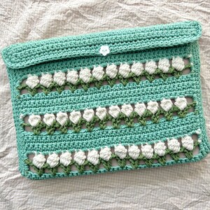 Cotton Crochet iPad Tablet Sleeve: Teal with Cream Tulips, Flower Button