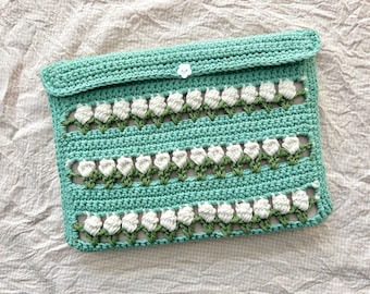 Cotton Crochet iPad Tablet Sleeve: Teal with Cream Tulips, Flower Button