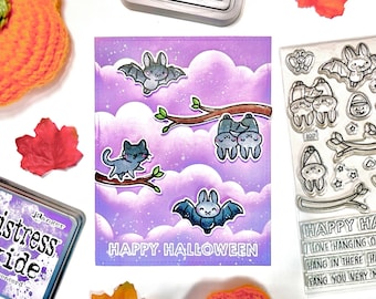 Happy Halloween Cat + Bats Greeting Cards