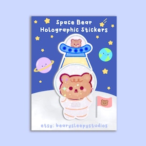 Holographic Space Bear Planets Stars Moon Astronaut UFO Stickers