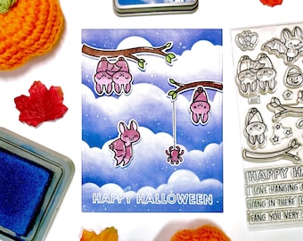 Happy Halloween Nighttime Sky Bats Greeting Cards