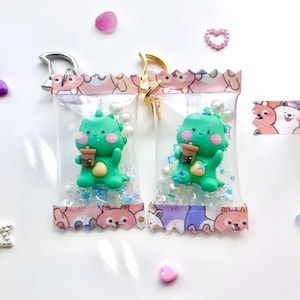 Dinosaur Drinking Boba Cute Kawaii Candy Shaker Charm Keychains