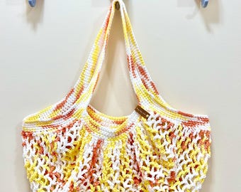 Crochet Market Bag: Candy Corn Colors, 100% Cotton Large Beach Bag