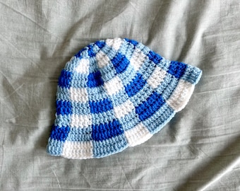 Blue/White Plaid Gingham Crochet Child Bucket Hat