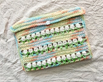 Cotton Crochet iPad Tablet Sleeve: Pastel Rainbow with Cream Tulips, Flower Button