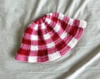 Red/Pink/White Plaid Gingham Crochet Bucket Hat