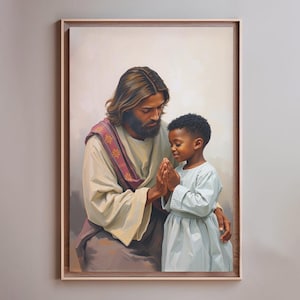 Jesus and a Little Child Praying - Jesus and Black Boy in Prayer Painting LDS Art Modern Christian Wall Art Kids Bible Art Printable Poster