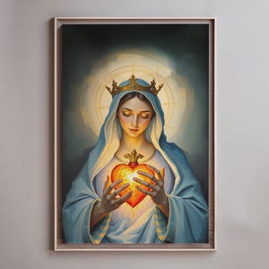 Immaculate Heart of Mary Christian Catholic Printable Bible Wall Art Print Modern Christian Art Devotional Oil Painting Religious Home Decor