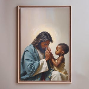 Jesus and a Little Child Praying - Jesus and Black Boy in Prayer Painting LDS Art Modern Christian Wall Art Kids Bible Art Printable Poster
