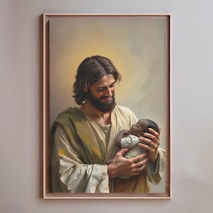 Jesus and a Little Child Jesus Holding a Black Baby Boy Painting Baptism Decor LDS Modern Christian Wall Art Kids Bible Art Printable Poster