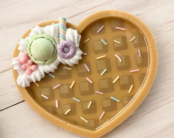 handmade kawaii pastel sprinkle waffle resin heart shaped jewelry tray