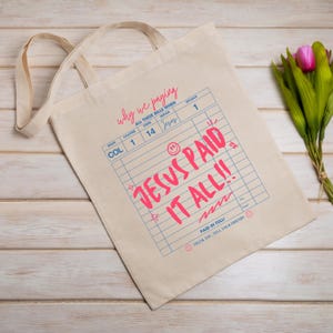 Guest Check Jesus Paid It All Canvas Tote Bag, Bible Verse Tote, Christian Tote Bag image 1