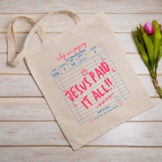 Guest Check Jesus Paid It All Canvas Tote Bag,  Bible Verse Tote, Christian Tote Bag