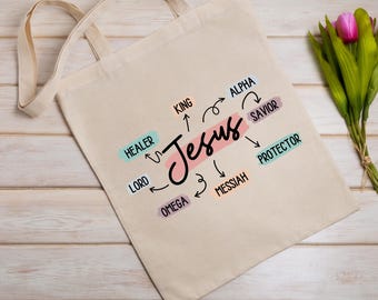 Jesus Names Attributes Tote Bag, Christian Tote Bag