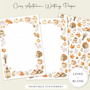 Papier à lettres à motifs d'automne, papeterie automnale à imprimer, pages lignées et blanches