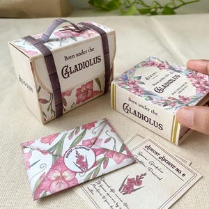 May include: A small paper suitcase, a square box, and a folded envelope, all featuring a pink gladiolus floral pattern. The items are labeled with the text Born under the Gladiolus and August Archive No. 8, printed in a dark brown serif font.