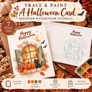 Op de afbeelding: Een 7-pagina PDF aquarel-tutorial getiteld Trace & Paint A Halloween Card. Het bevat een printbare kaart met een illustratie van een zwarte kat, pompoen en raam, een lijntekening-sjabloon en een kleurreferentiegids voor het schilderen.