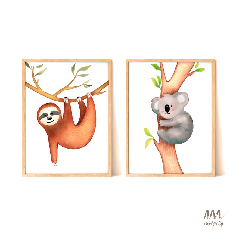 2 Set Sloth Koala Printable Colorful Nursery Woodland Posters Fun Nursery Wall Decor Kids Room Art Print Cute Animal Nursery Print