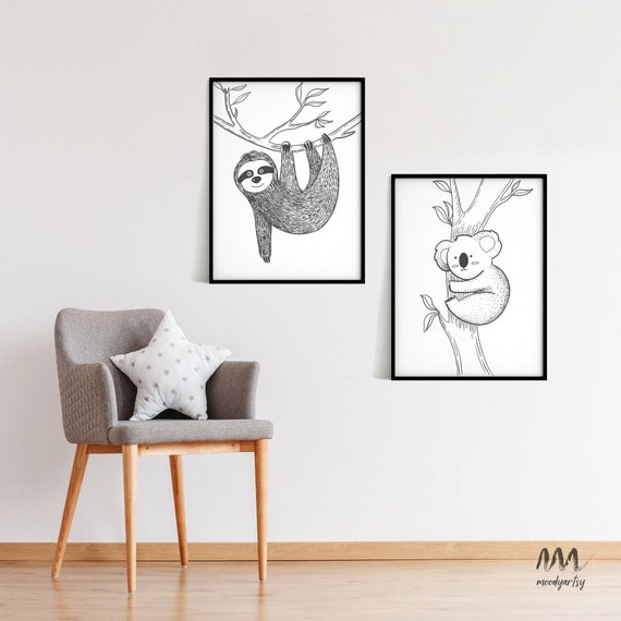 2 Set Sloth Koala Printable Colorful Nursery Woodland Posters Fun Nursery Wall Decor Kids Room Art Print Cute Animal Nursery Print