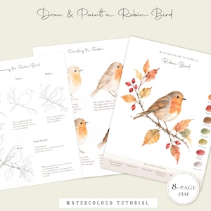 以下が含まれることがあります： Draw & Paint a Robin Birdと題された8ページのPDF水彩画チュートリアル。このドキュメントには、ステップバイステップの指示、枝にとまったコマドリの線画、そして秋の葉と実を添えたコマドリの完成した水彩画のイラストが含まれています。