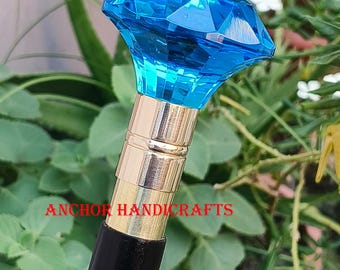 Blue Finish diamond shape Handle black wooden unique costume walking stick