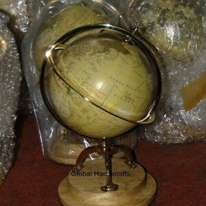 Vintage Brass and Wood Table decor World Globe -Nautical Home decor Natural Wood Base and Brass Ring Vintage collectable World Globe
