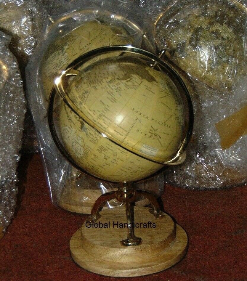 GLOBE TERRESTRE navigation , support bois massif Avec Boussole Cadrent