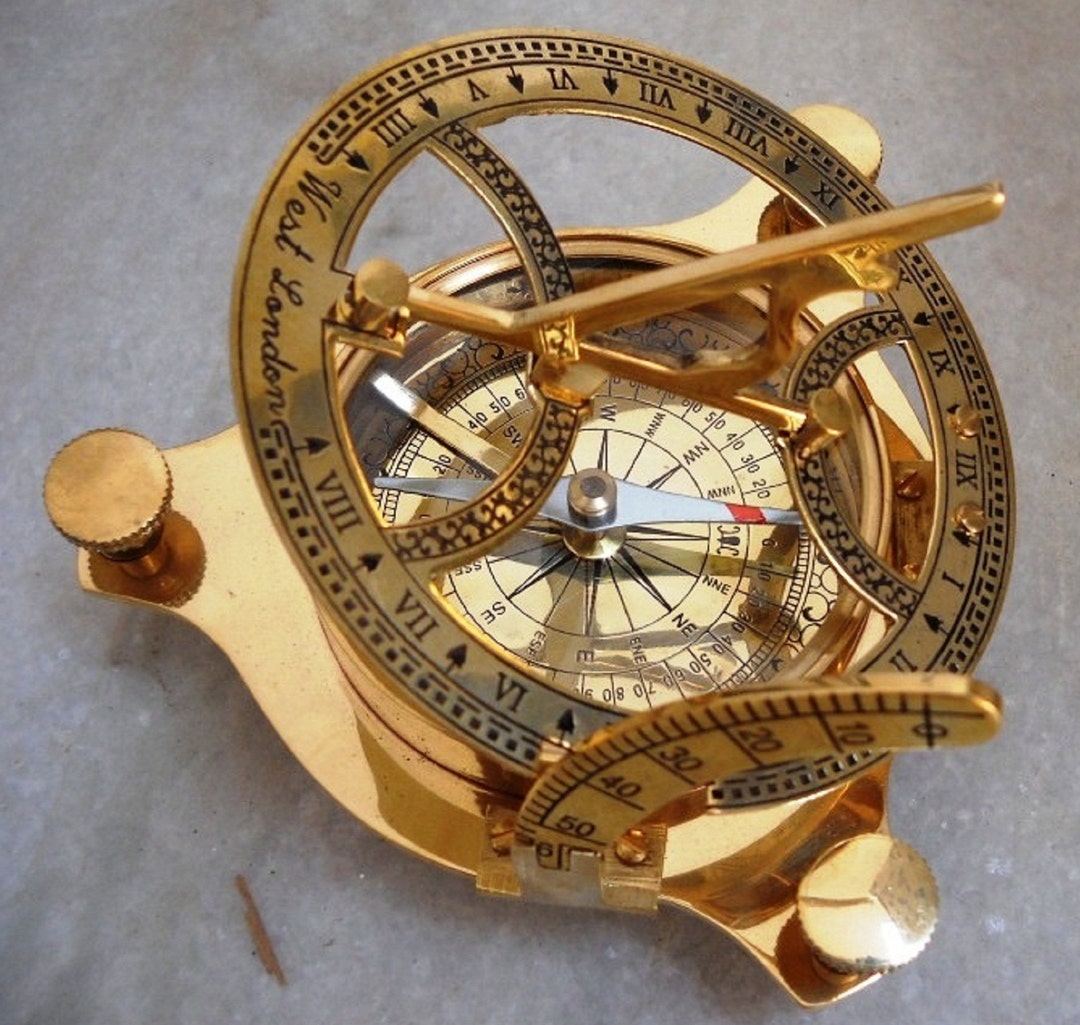 Brass Sundial Compass - Antique Sailing Anniversary Sundial Calibrated Compass Gift, Sundial Clock With Wooden Box And Chart, Unique Vintage Sundial