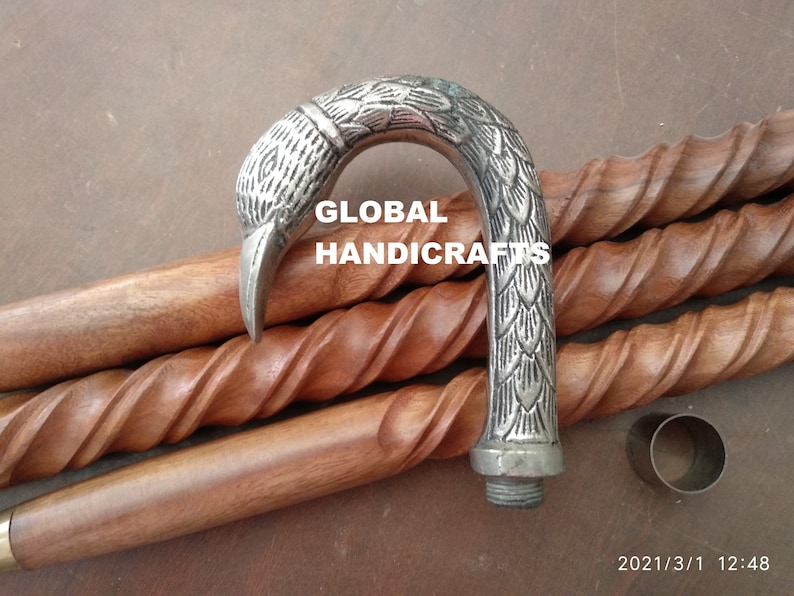 Handmade designer Trendy Look swan Walking Stick Vintage Spiral Carved Wood cane