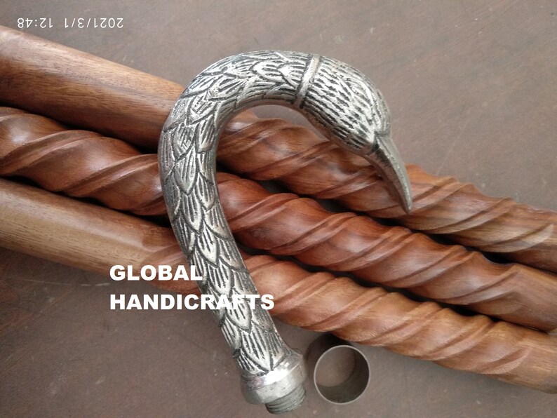 Handmade designer Trendy Look swan Walking Stick Vintage Spiral Carved Wood cane