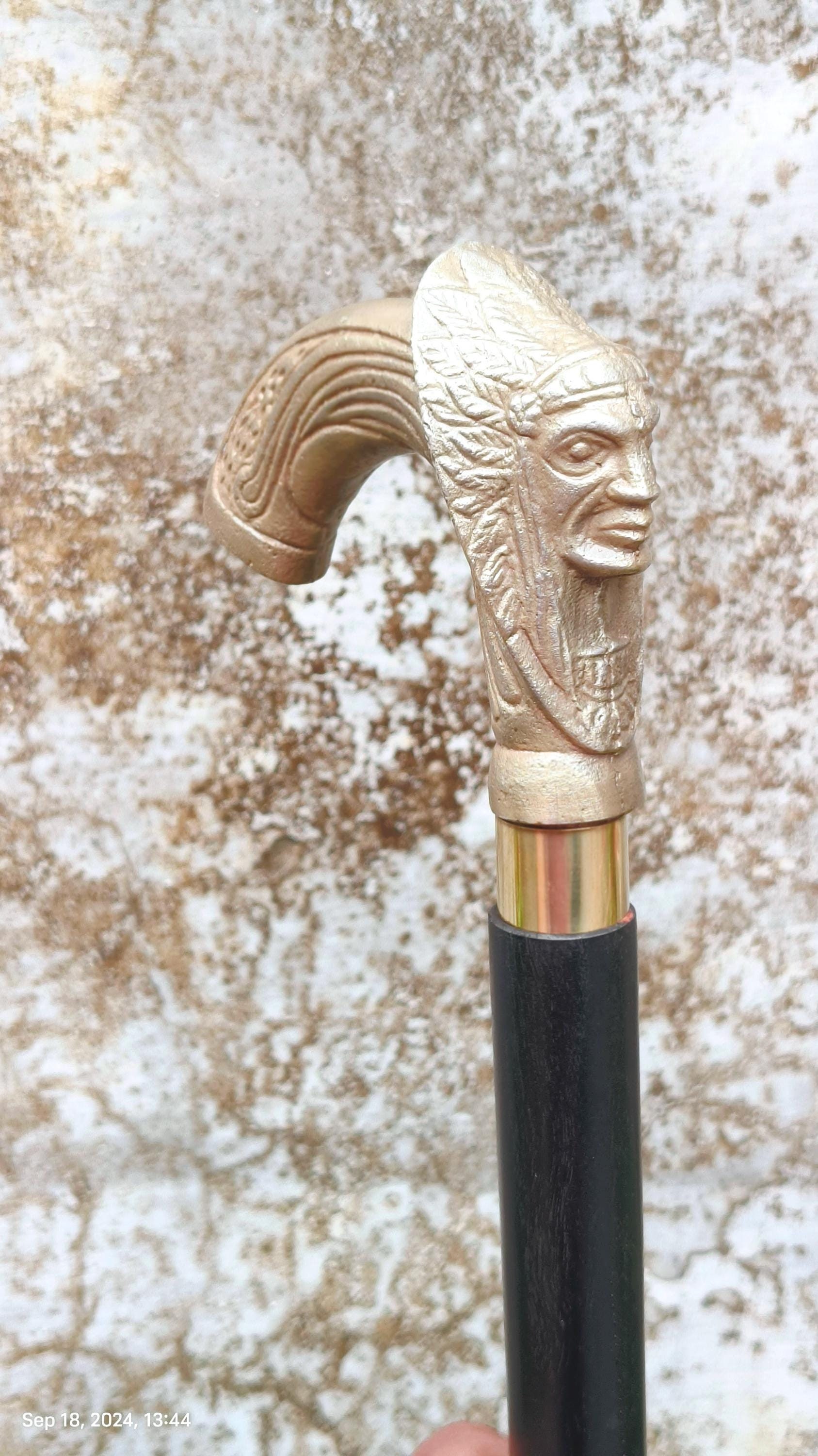 Vintage Egyptian Mummy Handle Walking Stick - Handmade cosplay black Wooden Cane