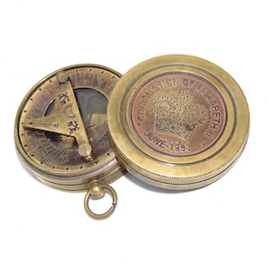Nautical Antique Brass Coronation of Elizabeth Pocket Sundial Compass - Nautical Pocket compass - antique Brass Pocket compass
