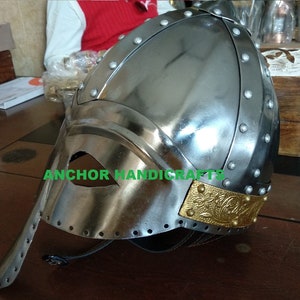 Medieval Norman Viking Nasal Helmet: Brass Etched Armor