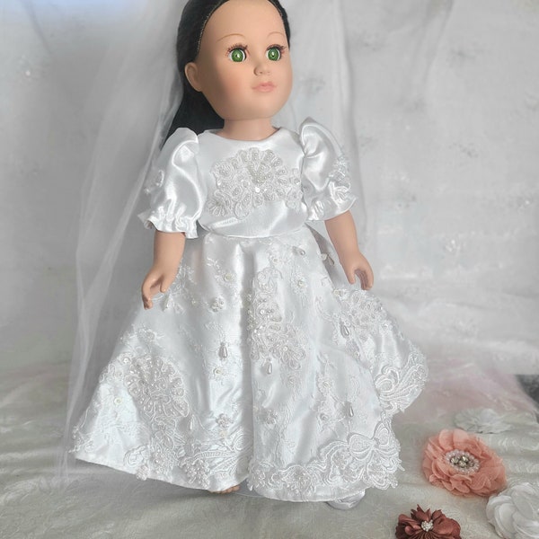 Bridal Gown for 18" doll, Heavily Beaded Doll Wedding Dress, Princess Dress, Bridal Bouquet, Beaded Crown Veil, #2N