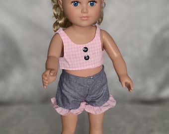 Handmade 18 Inch Doll Clothes, Gingham Crop Top & Denim Shorts C4
