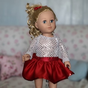 2piece Ice Skating Outfit for 18 Inch Doll, Sparkly Leotard, Red Circle Skirt #SR1