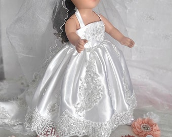 Beaded White Wedding Gown for 18 Inch Doll: Bridal Bouquet and Crown Veil #1Y