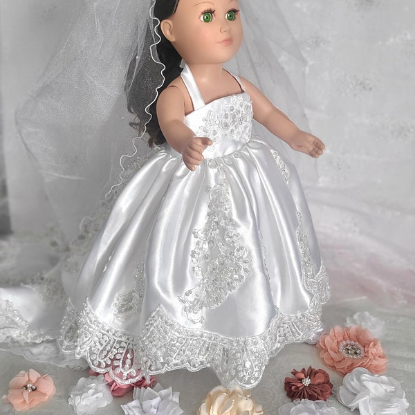 White Wedding Gown for 18" Doll, Girl's Present, Collector's Doll Clothing, Bridal Bouquet, Beaded Crown Veil, #1Y