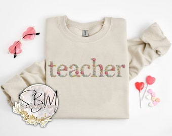 Personalized Teacher Embroidery Sweatshirt, Teacher Embroidered Sweatshirt, School Embroider Sweatshirt, Floral Sweatshirt