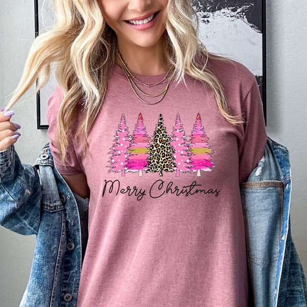 Merry Christmas Pink Leopard Tree Cute Matching Christmas Shirt Leopard Print Christmas Tree Shirt Cute Christmas Shirts Pink Christmas Tree