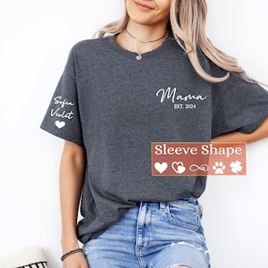 Personalized Mama Shirt with Kids Names, Custom Mom T shirt, Est Date Mama T-Shirt, Mother's Day Gift for Her New Mom Childs Names on Sleeve