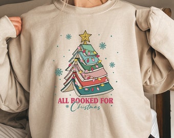 Vintage Christmas Book Tree Sweatshirt All Booked For Christmas Book Lovers Christmas Bookworm Christmas Sweater Christmas Gift For Teacher