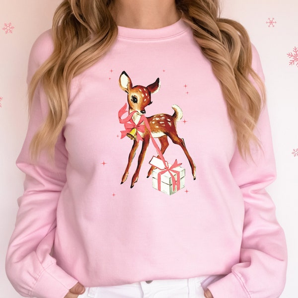 Retro Reindeer Pink Christmas Sweatshirt Gift for Her Vintage Reindeer Christmas Sweater Baby Deer Sweatshirt Retro Christmas Party Shirt