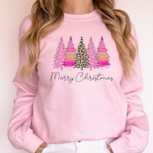 Pink Merry Christmas Sweatshirt Holiday Sweaters for Women Pink Tree Christmas Sweatshirt Christmas Crewneck Christmas Tree Sweatshirt